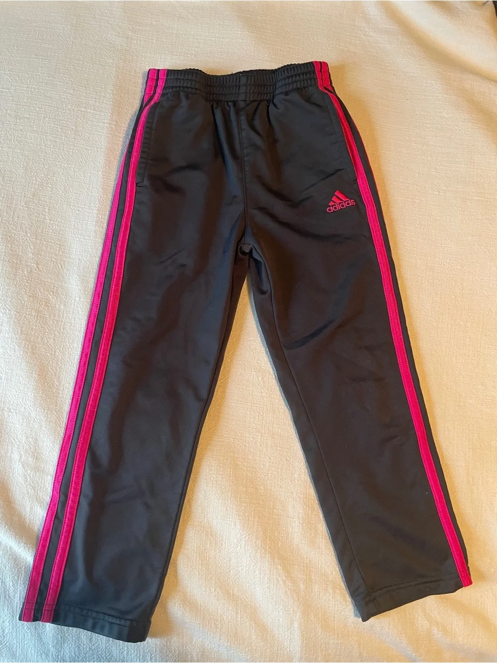 adidas Kids Black Sweatpants and Track Jacket with Pink Stripes